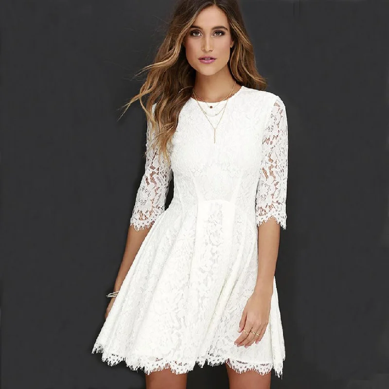 Clearance Pure Color Lace Scoop Half Sleeves Short Dress Lace Dress Bohemian