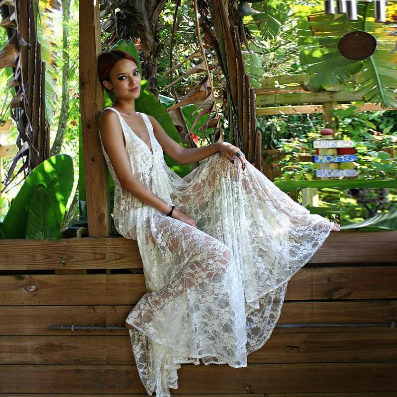 Clearance Transparent V-neck Lace Long Dress Bikini Cover UP Lace Wedding Gown