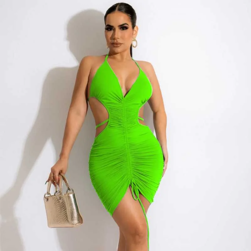 Lace Up Neck Hanging Low Cut Deep V Sexy Nightclub Buttock Wrap Dress Light Lace Dress