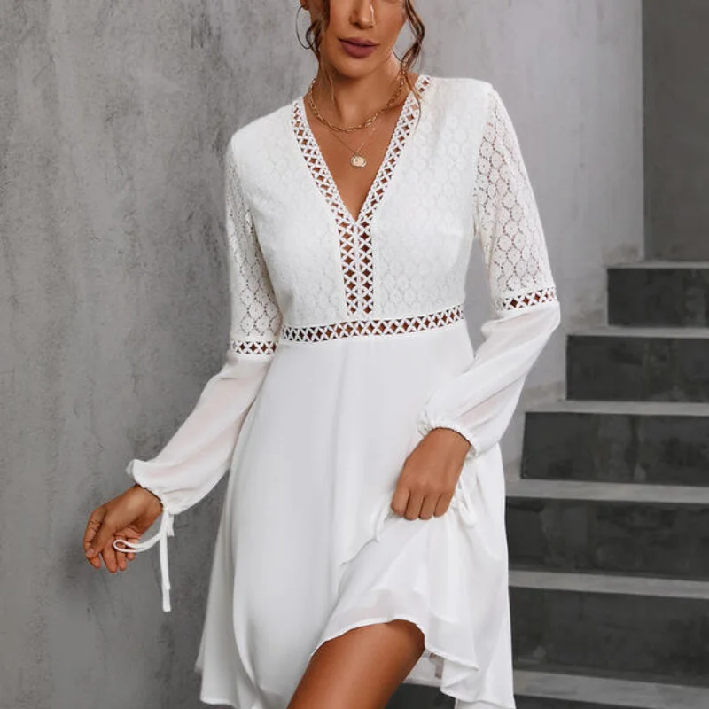 New European and American Style V-neck Lace Patchwork Long Sleeve Dress Lace A-line Dress