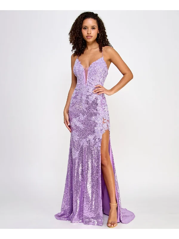 SAY YES TO THE DRESS Womens Purple Zippered Lined Lace-up Open Back High Slit Spaghetti Strap V Neck Full-Length Prom Gown Dress Lace Dress with Belt