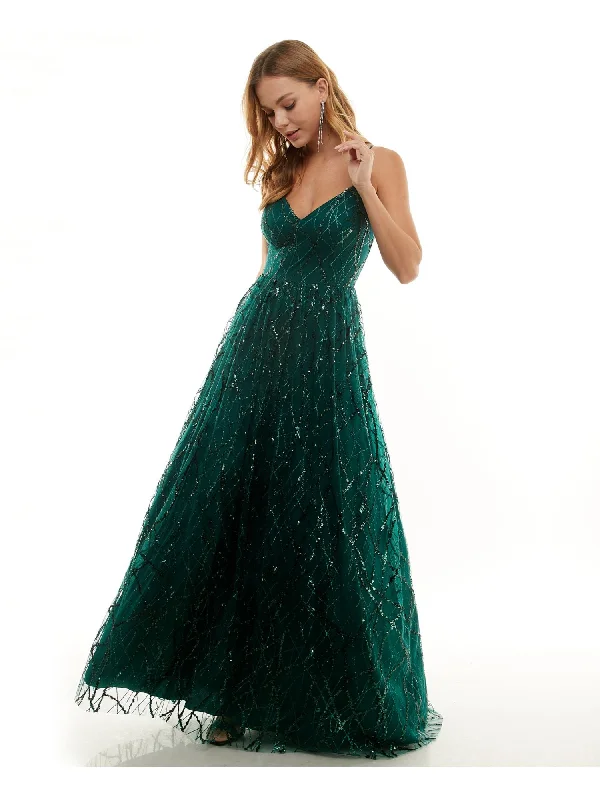 SAY YES TO THE PROM Womens Green Embellished Zippered Lace-up Back Lined Spaghetti Strap V Neck Full-Length Prom Fit + Flare Dress Lace Party Dress