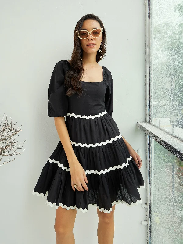 Women Black Ric Rac Lace Flared Above Knee Dress Lace Shift Dress