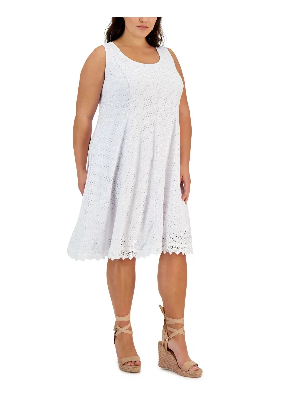 SIGNATURE BY ROBBIE BEE Womens White Eyelet Lined Lace-trim Hem Pullover Sleeveless Scoop Neck Below The Knee Wear To Work Shift Dress Lace Dress Lace