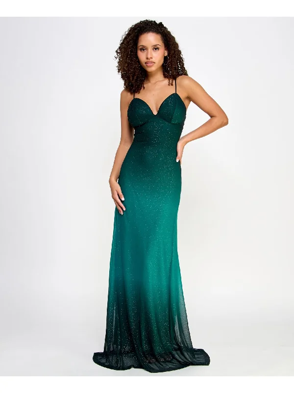 VIOLET WEEKEND Womens Green Zippered Lined Lace-up Open Back Ombre Spaghetti Strap V Neck Full-Length Prom Gown Dress Lace Detail Dress