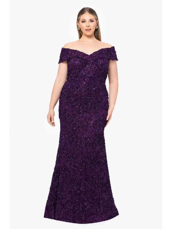 XSCAPE Womens Purple Zippered Embellished Lace Lined Textured Short Sleeve Off Shoulder Full-Length Formal Gown Dress Modern Lace Dress