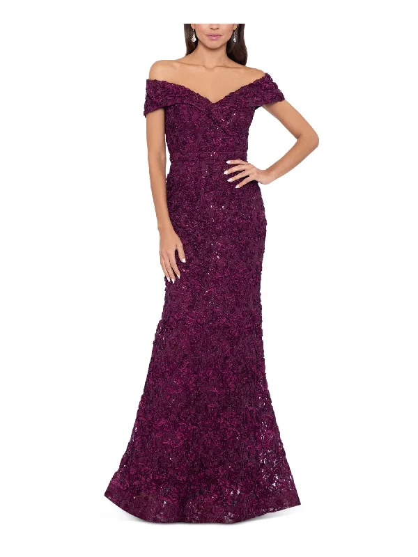 XSCAPE Womens Purple Zippered Embellished Lace Lined Textured Short Sleeve Off Shoulder Full-Length Formal Gown Dress Boho Lace Dress